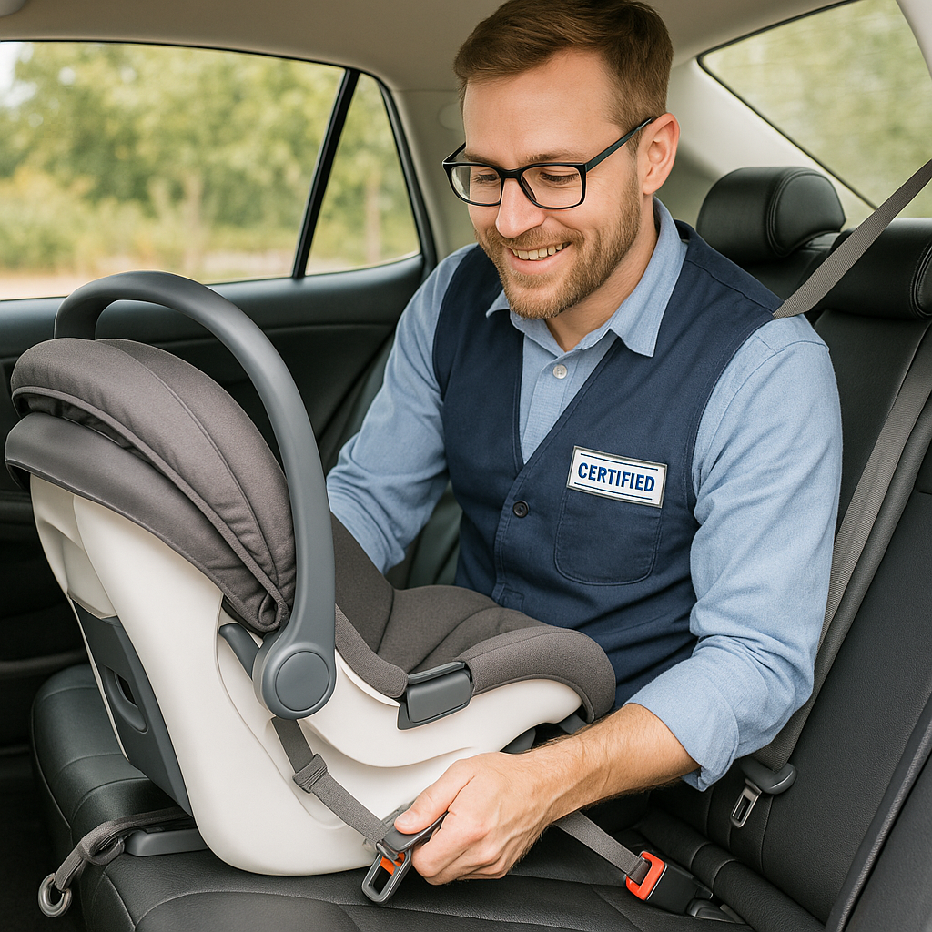 Certified officer inspecting a child car seat installation