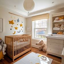 Light wooden baby cradle with pastel bedding in a softly lit nursery corner