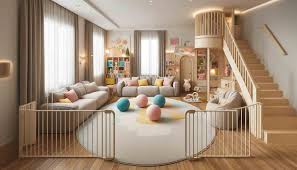 Living room baby-proofed with corner protectors and safety gates